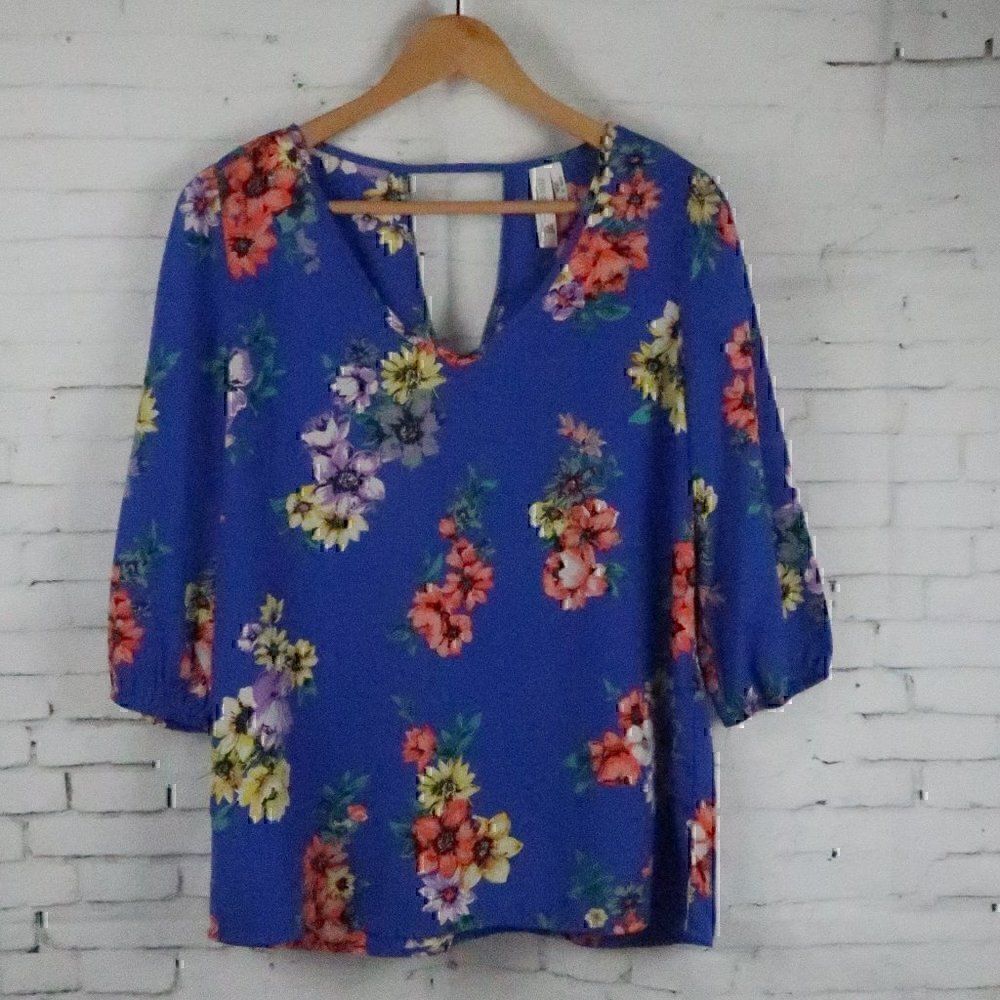 PINK OWL BLUE FLORAL V NECK 1/2 SLEEVE COTTON TOP SIZE SMALL